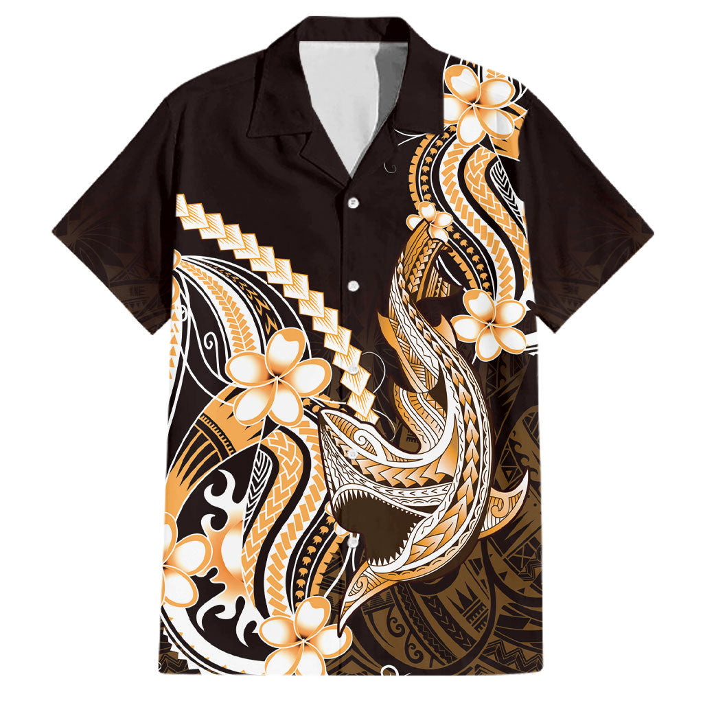 Orange Black Aloha Hawaii Family Matching Off Shoulder Short Dress and Hawaiian Shirt Polynesian Shark Tattoo Plumeria