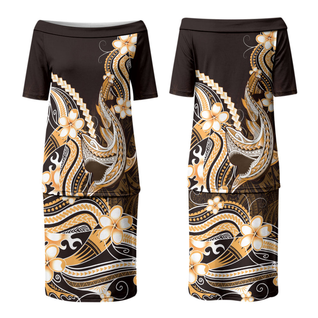 Orange Black Aloha Hawaii Family Matching Puletasi and Hawaiian Shirt Polynesian Shark Tattoo Plumeria LT14 Mom's Dress Orange - Polynesian Pride