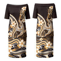 Orange Black Aloha Hawaii Family Matching Puletasi and Hawaiian Shirt Polynesian Shark Tattoo Plumeria LT14 Mom's Dress Orange - Polynesian Pride
