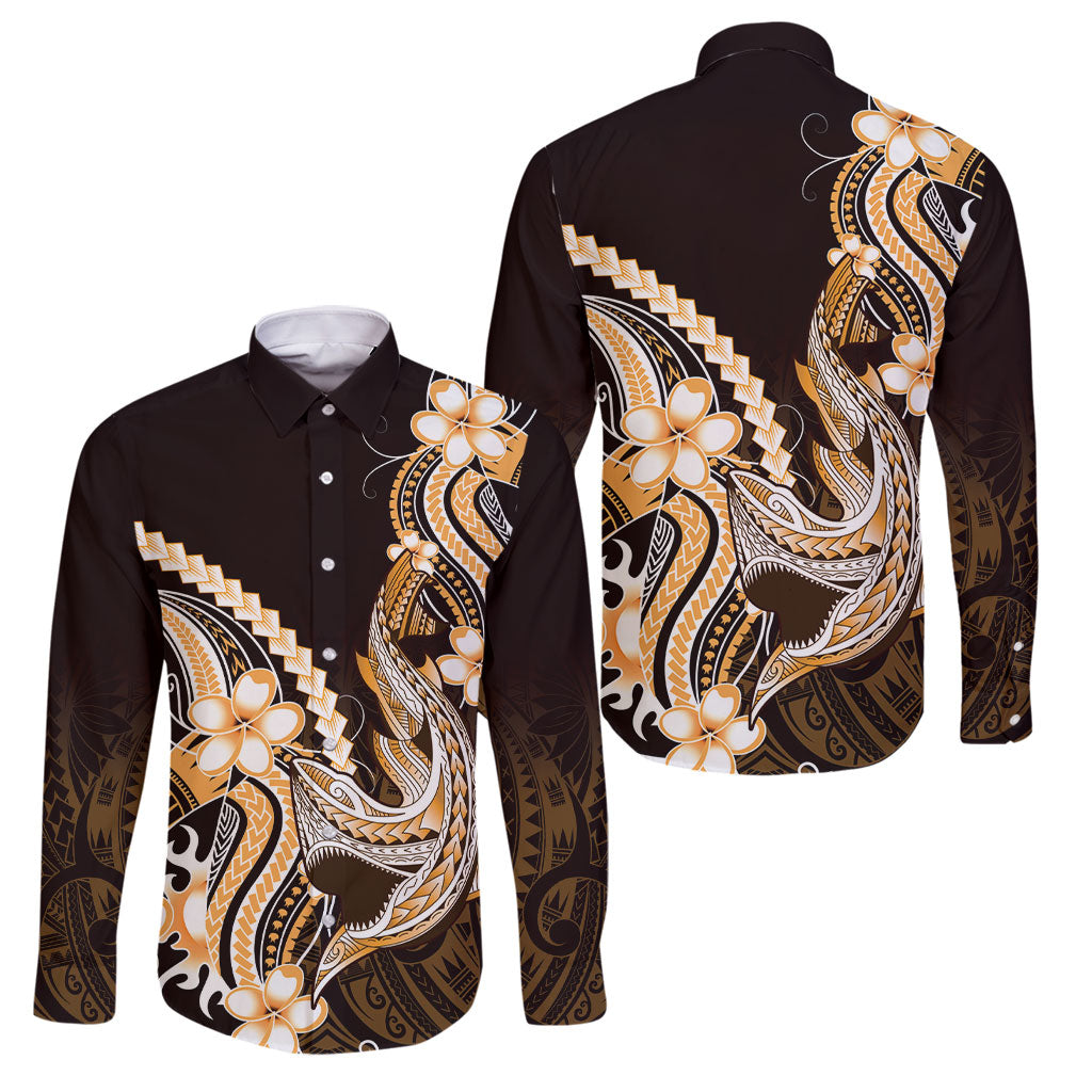 Orange Black Aloha Hawaii Family Matching Puletasi and Hawaiian Shirt Polynesian Shark Tattoo Plumeria LT14 Dad's Shirt - Long Sleeve Orange - Polynesian Pride