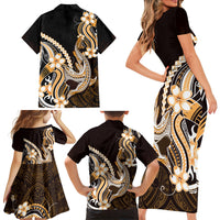 Orange Black Aloha Hawaii Family Matching Short Sleeve Bodycon Dress and Hawaiian Shirt Polynesian Shark Tattoo Plumeria