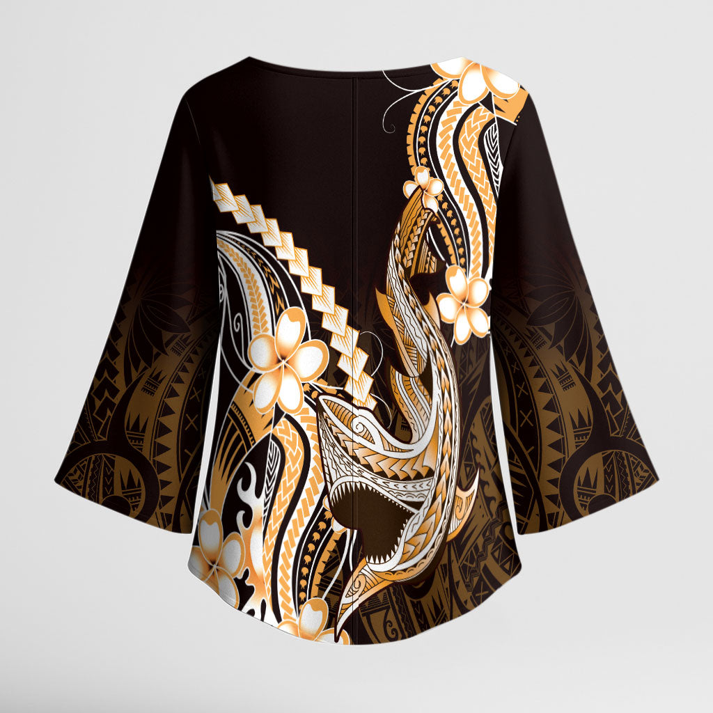 Orange Black Aloha Hawaii Kimono Sleeve Blouse Polynesian Shark Tattoo Plumeria