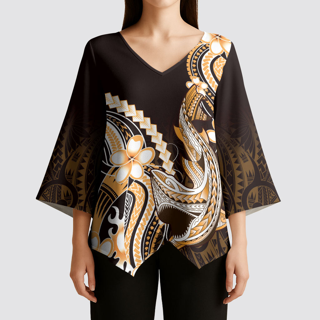 Orange Black Aloha Hawaii Kimono Sleeve Blouse Polynesian Shark Tattoo Plumeria