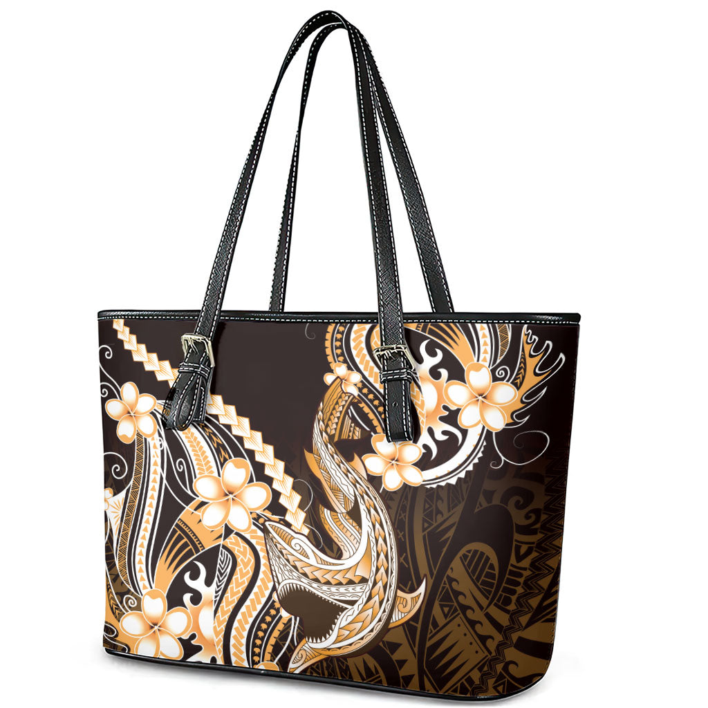 Orange Black Aloha Hawaii Leather Tote Bag Polynesian Shark Tattoo Plumeria