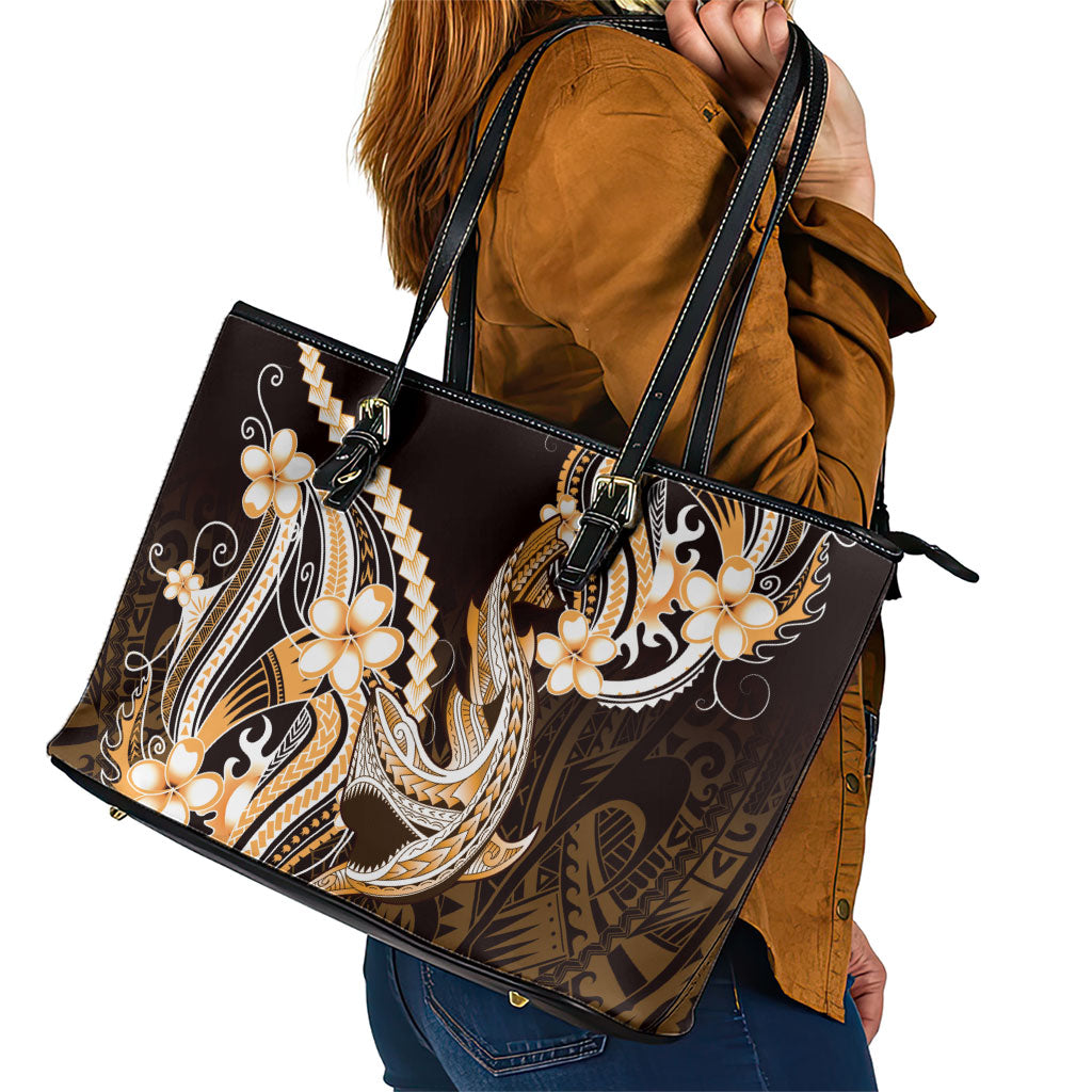 Orange Black Aloha Hawaii Leather Tote Bag Polynesian Shark Tattoo Plumeria