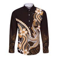 Orange Black Aloha Hawaii Long Sleeve Button Shirt Polynesian Shark Tattoo Plumeria