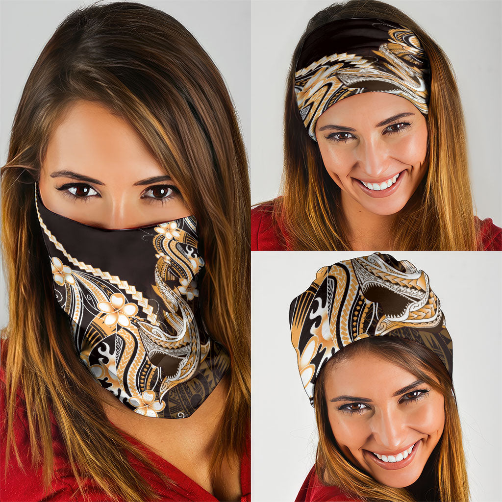 Orange Black Aloha Hawaii Neck Gaiter Polynesian Shark Tattoo Plumeria