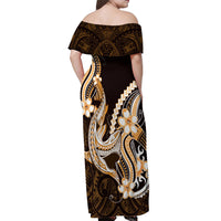 Orange Black Aloha Hawaii Off Shoulder Maxi Dress Polynesian Shark Tattoo Plumeria