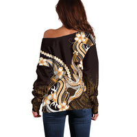 Orange Black Aloha Hawaii Off Shoulder Sweater Polynesian Shark Tattoo Plumeria