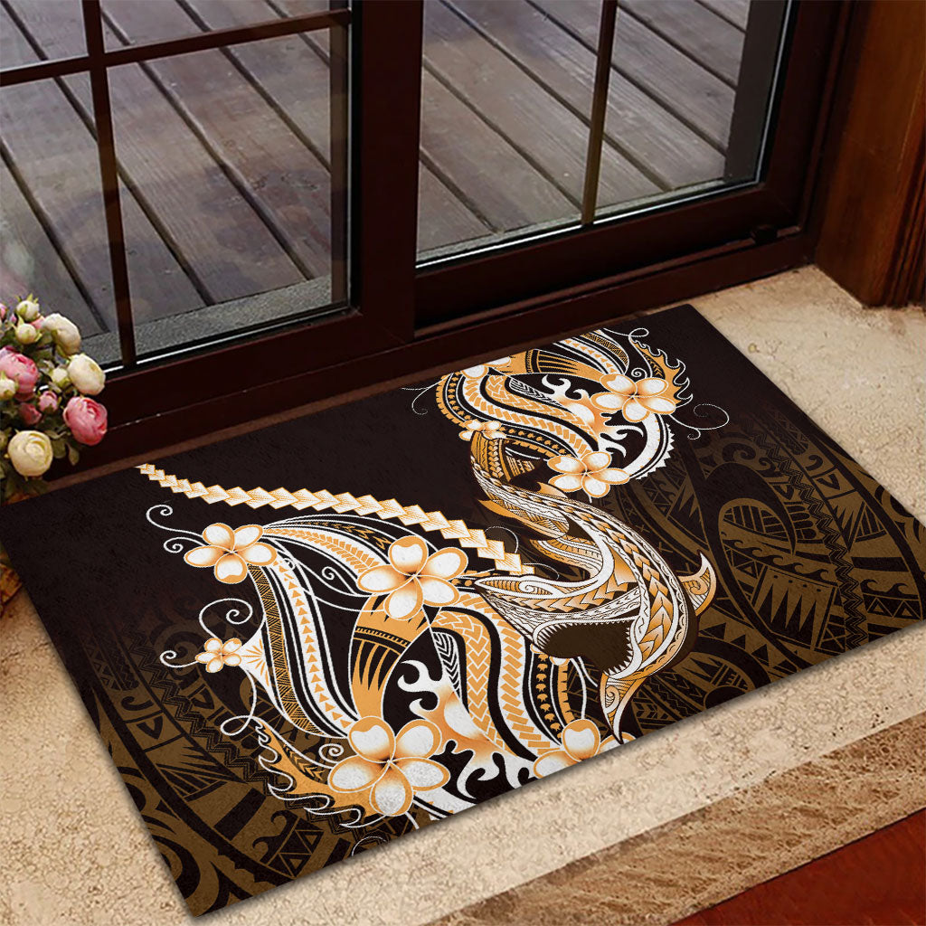 Orange Black Aloha Hawaii Rubber Doormat Polynesian Shark Tattoo Plumeria