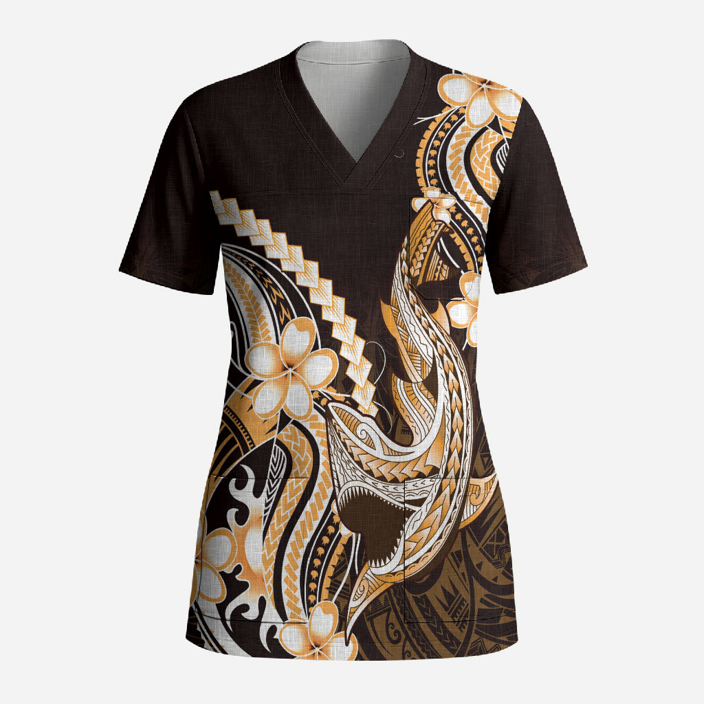 Orange Black Aloha Hawaii Scrub Top Polynesian Shark Tattoo Plumeria