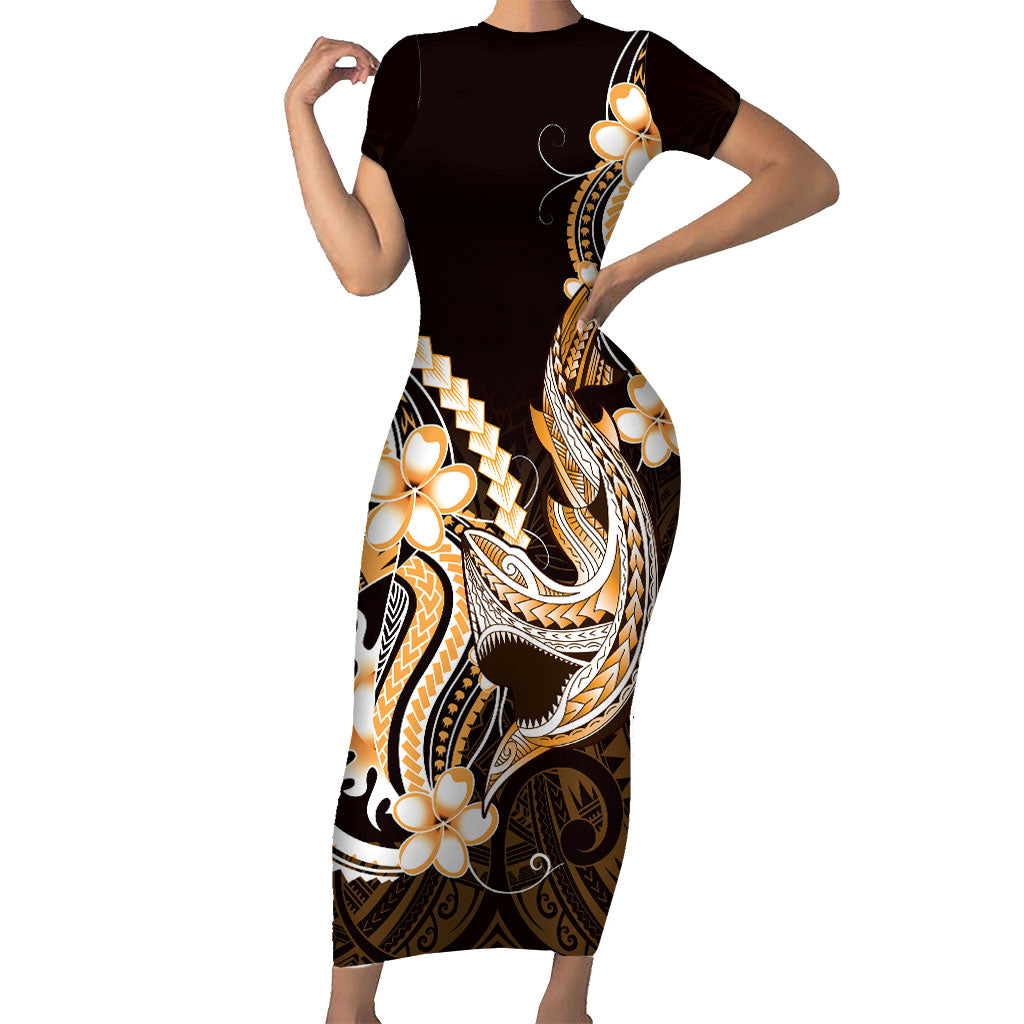 Orange Black Aloha Hawaii Short Sleeve Bodycon Dress Polynesian Shark Tattoo Plumeria LT14 Long Dress Orange - Polynesian Pride