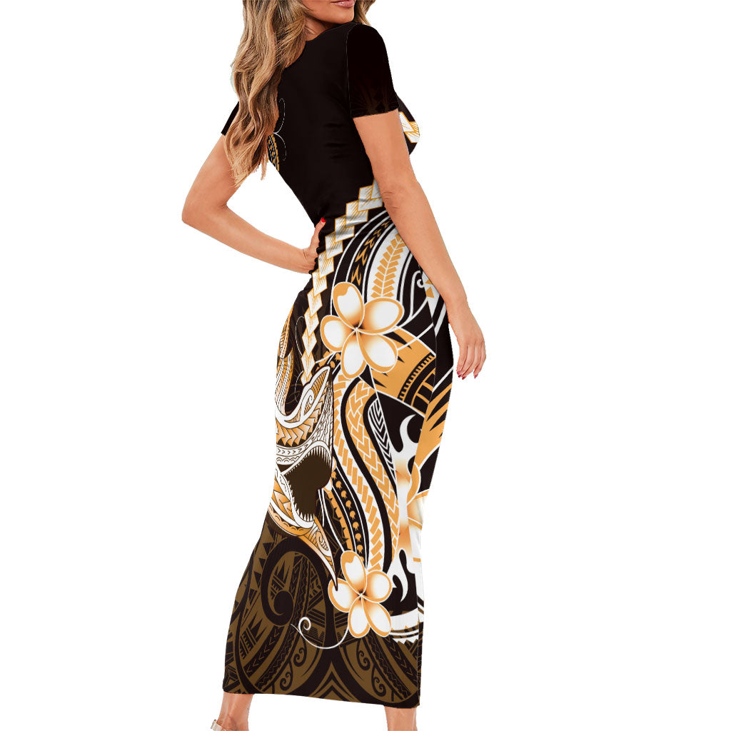 Orange Black Aloha Hawaii Short Sleeve Bodycon Dress Polynesian Shark Tattoo Plumeria