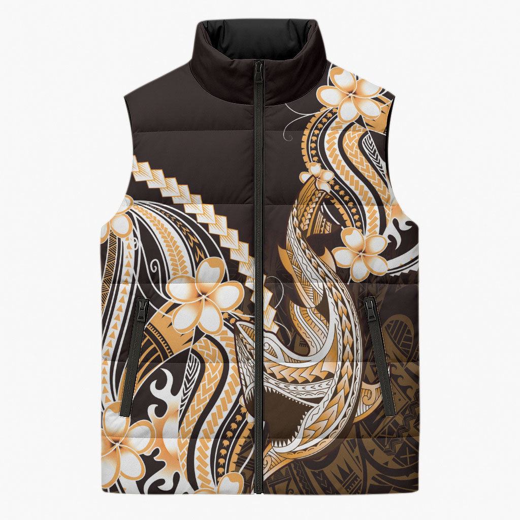 Orange Black Aloha Hawaii Sleeveless Puffer Jacket Polynesian Shark Tattoo Plumeria