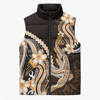 Orange Black Aloha Hawaii Sleeveless Puffer Jacket Polynesian Shark Tattoo Plumeria
