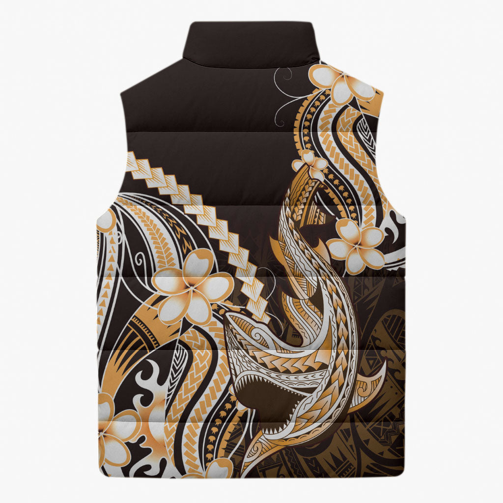 Orange Black Aloha Hawaii Sleeveless Puffer Jacket Polynesian Shark Tattoo Plumeria