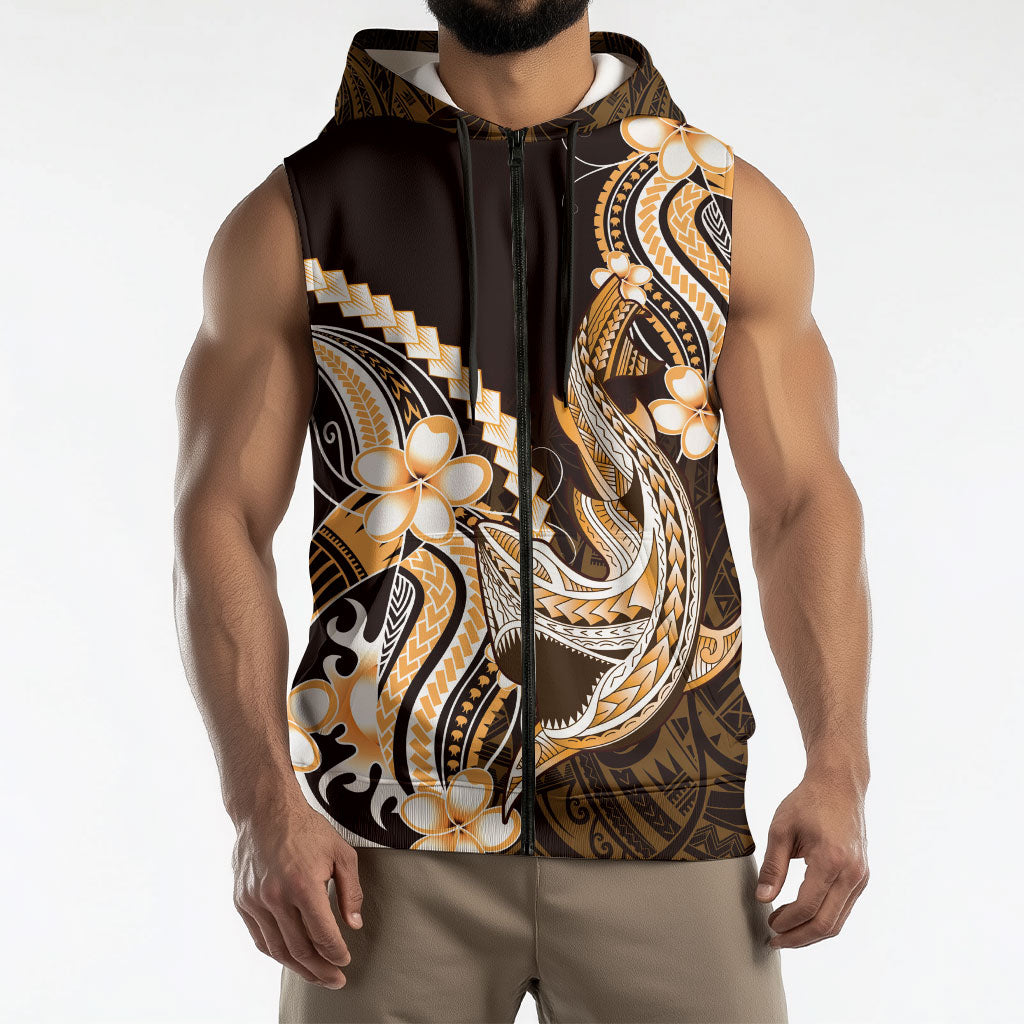 Orange Black Aloha Hawaii Sleeveless Zip Hoodie Polynesian Shark Tattoo Plumeria