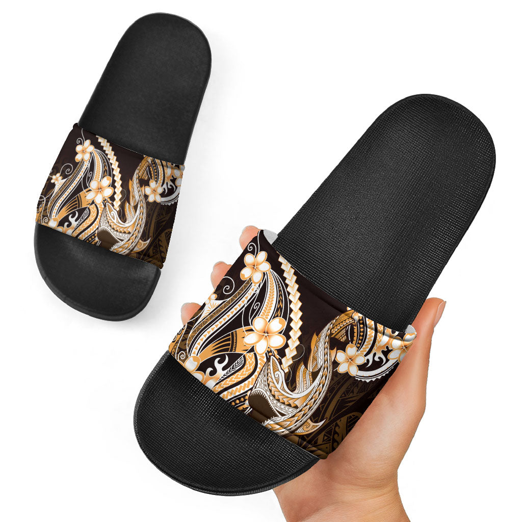 Orange Black Aloha Hawaii Slide Sandals Polynesian Shark Tattoo Plumeria