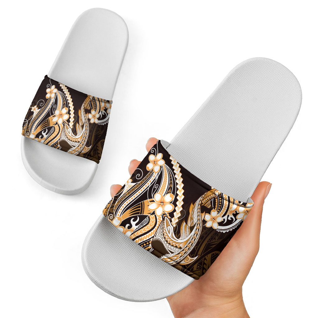 Orange Black Aloha Hawaii Slide Sandals Polynesian Shark Tattoo Plumeria
