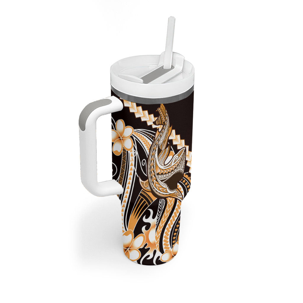 Orange Black Aloha Hawaii Tumbler With Handle Polynesian Shark Tattoo Plumeria
