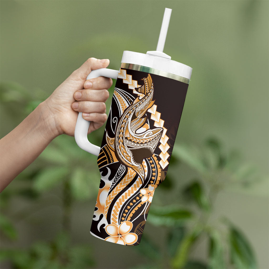 Orange Black Aloha Hawaii Tumbler With Handle Polynesian Shark Tattoo Plumeria