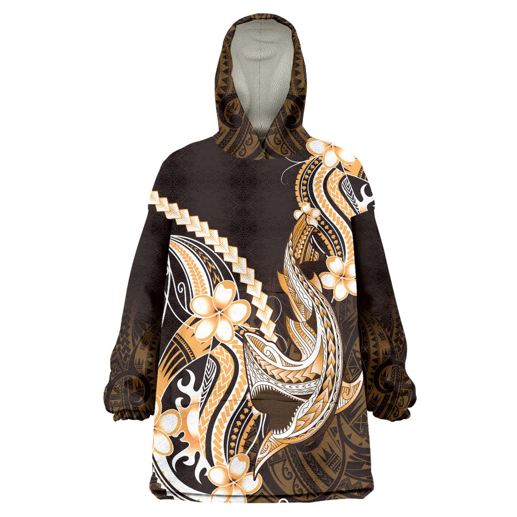 Orange Black Aloha Hawaii Wearable Blanket Hoodie Polynesian Shark Tattoo Plumeria