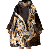 Orange Black Aloha Hawaii Wearable Blanket Hoodie Polynesian Shark Tattoo Plumeria