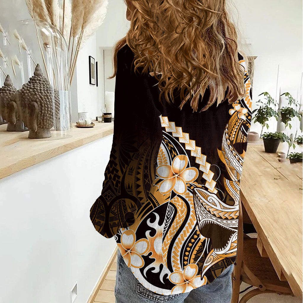 Orange Black Aloha Hawaii Women Casual Shirt Polynesian Shark Tattoo Plumeria