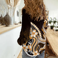 Orange Black Aloha Hawaii Women Casual Shirt Polynesian Shark Tattoo Plumeria