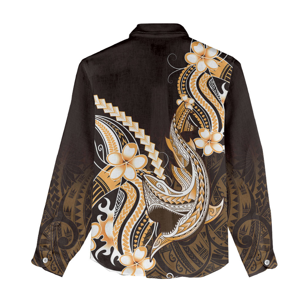 Orange Black Aloha Hawaii Women Casual Shirt Polynesian Shark Tattoo Plumeria