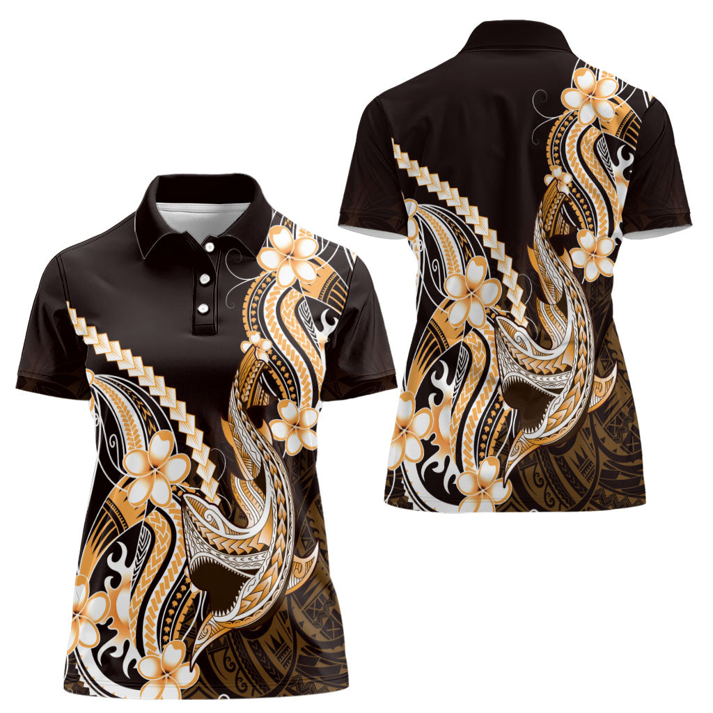 Orange Black Aloha Hawaii Women Polo Shirt Polynesian Shark Tattoo Plumeria