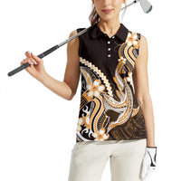 Orange Black Aloha Hawaii Women Sleeveless Polo Shirt Polynesian Shark Tattoo Plumeria