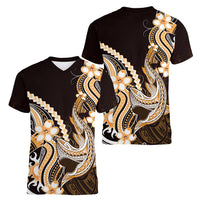 Orange Black Aloha Hawaii Women V-Neck T-Shirt Polynesian Shark Tattoo Plumeria