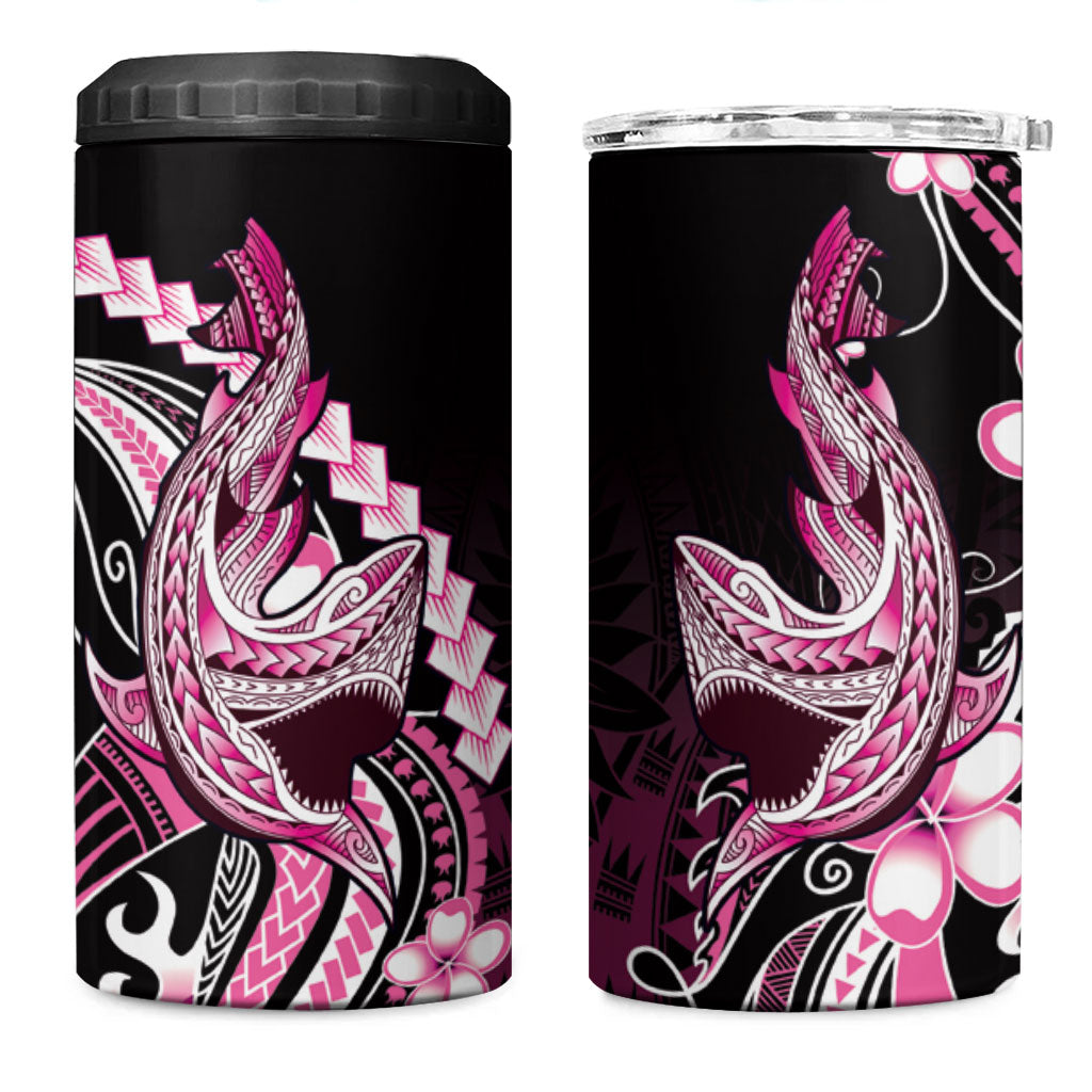 Pink Black Aloha Hawaii 4 in 1 Can Cooler Tumbler Polynesian Shark Tattoo Plumeria