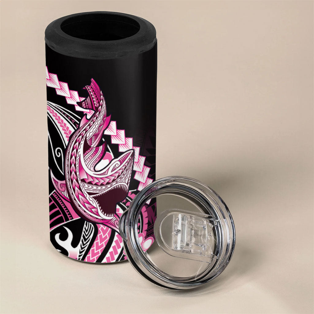 Pink Black Aloha Hawaii 4 in 1 Can Cooler Tumbler Polynesian Shark Tattoo Plumeria