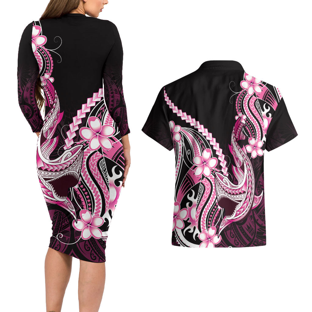 Pink Black Aloha Hawaii Couples Matching Long Sleeve Bodycon Dress and Hawaiian Shirt Polynesian Shark Tattoo Plumeria