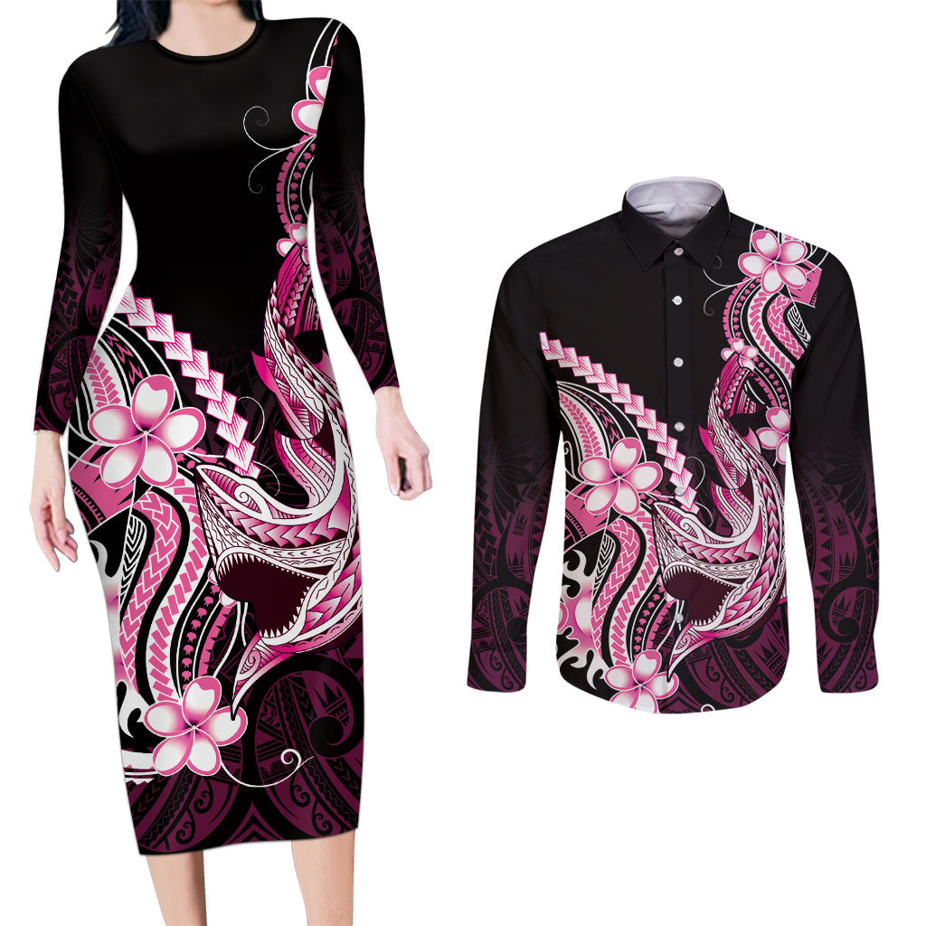 Pink Black Aloha Hawaii Couples Matching Long Sleeve Bodycon Dress and Long Sleeve Button Shirt Polynesian Shark Tattoo Plumeria LT14 Pink - Polynesian Pride
