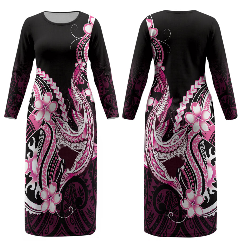 Pink Black Aloha Hawaii Couples Matching Long Sleeve Bodycon Dress and Long Sleeve Button Shirt Polynesian Shark Tattoo Plumeria LT14 - Polynesian Pride