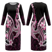 Pink Black Aloha Hawaii Couples Matching Long Sleeve Bodycon Dress and Long Sleeve Button Shirt Polynesian Shark Tattoo Plumeria LT14 - Polynesian Pride