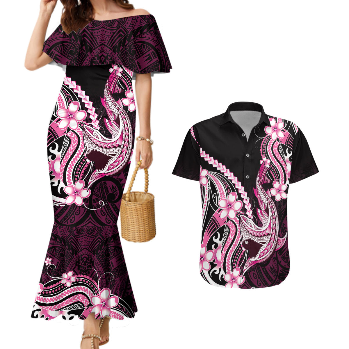 Pink Black Aloha Hawaii Couples Matching Mermaid Dress and Hawaiian Shirt Polynesian Shark Tattoo Plumeria