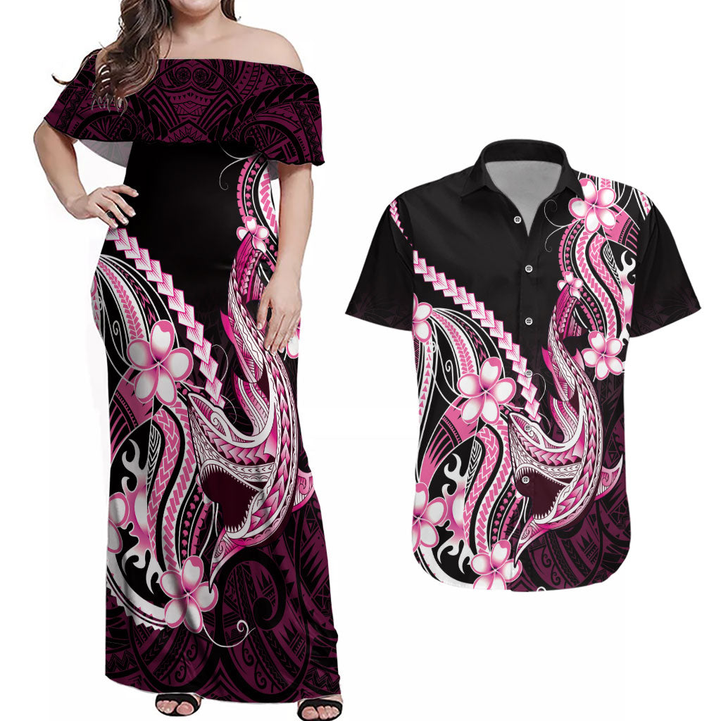 Pink Black Aloha Hawaii Couples Matching Off Shoulder Maxi Dress and Hawaiian Shirt Polynesian Shark Tattoo Plumeria LT14 Pink - Polynesian Pride