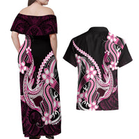 Pink Black Aloha Hawaii Couples Matching Off Shoulder Maxi Dress and Hawaiian Shirt Polynesian Shark Tattoo Plumeria
