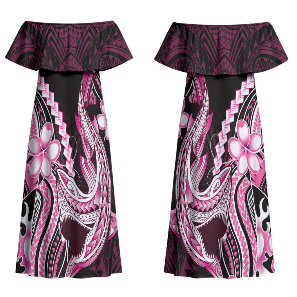 Pink Black Aloha Hawaii Couples Matching Off Shoulder Maxi Dress and Hawaiian Shirt Polynesian Shark Tattoo Plumeria LT14 - Polynesian Pride