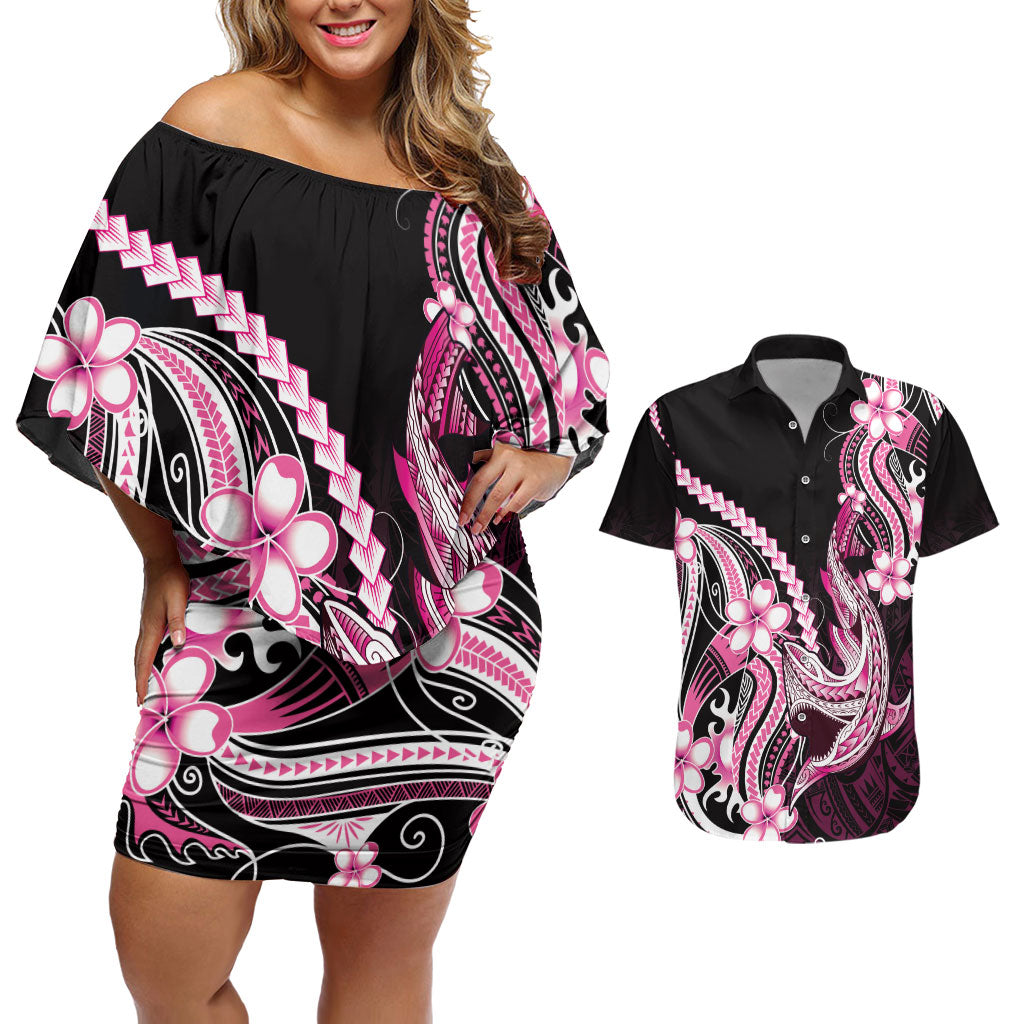 Pink Black Aloha Hawaii Couples Matching Off Shoulder Short Dress and Hawaiian Shirt Polynesian Shark Tattoo Plumeria