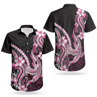 Pink Black Aloha Hawaii Couples Matching Off Shoulder Short Dress and Hawaiian Shirt Polynesian Shark Tattoo Plumeria LT14 - Polynesian Pride
