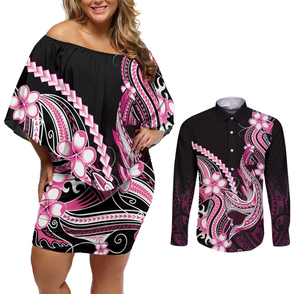 Pink Black Aloha Hawaii Couples Matching Off Shoulder Short Dress and Long Sleeve Button Shirt Polynesian Shark Tattoo Plumeria LT14 Pink - Polynesian Pride