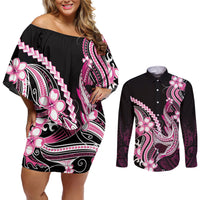 Pink Black Aloha Hawaii Couples Matching Off Shoulder Short Dress and Long Sleeve Button Shirt Polynesian Shark Tattoo Plumeria