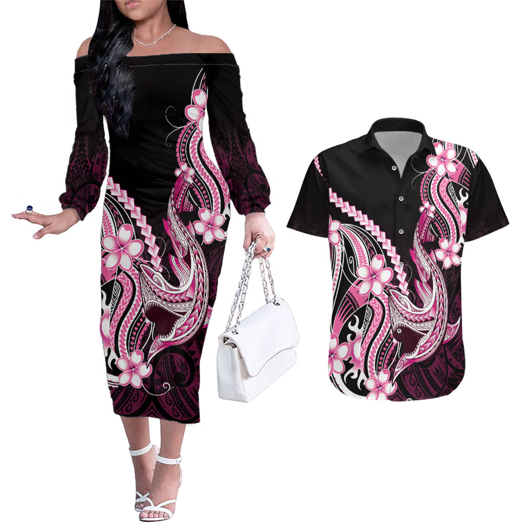 Pink Black Aloha Hawaii Couples Matching Off The Shoulder Long Sleeve Dress and Hawaiian Shirt Polynesian Shark Tattoo Plumeria