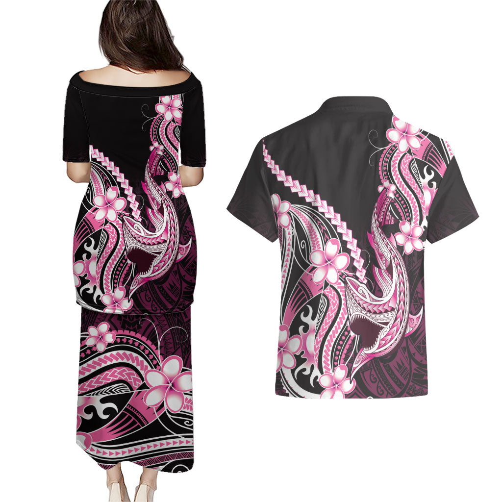 Pink Black Aloha Hawaii Couples Matching Puletasi and Hawaiian Shirt Polynesian Shark Tattoo Plumeria