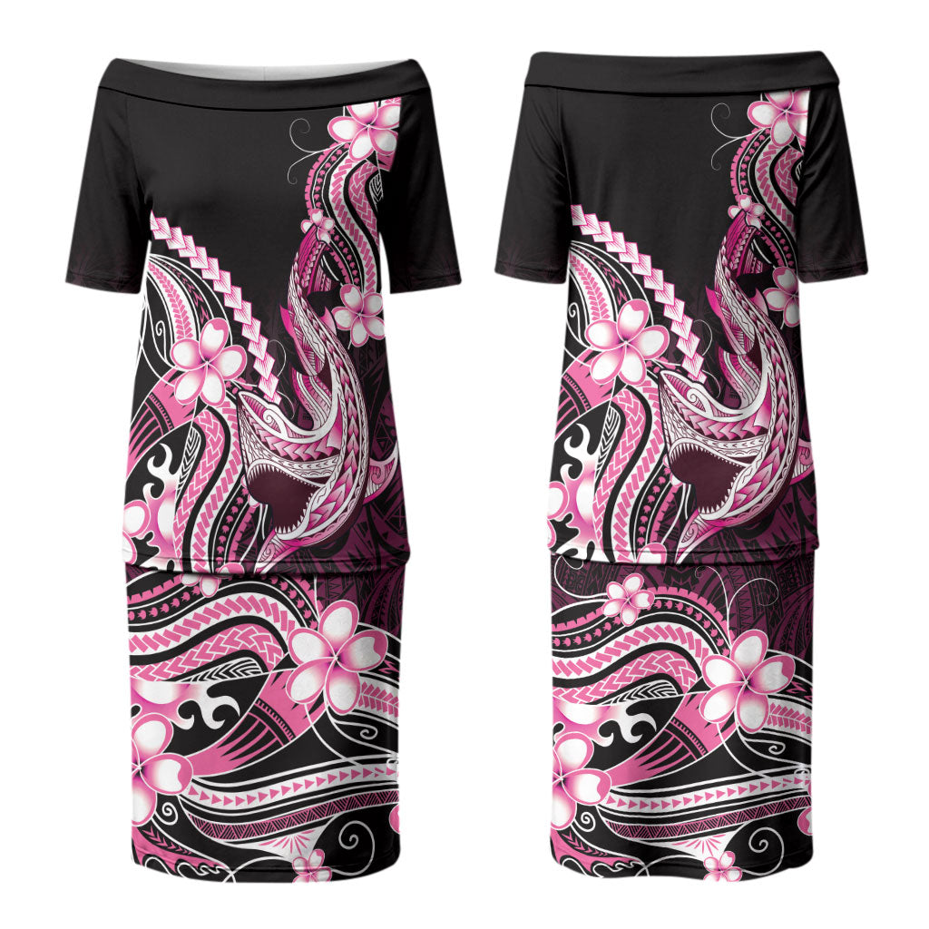 Pink Black Aloha Hawaii Couples Matching Puletasi and Long Sleeve Button Shirt Polynesian Shark Tattoo Plumeria LT14 - Polynesian Pride